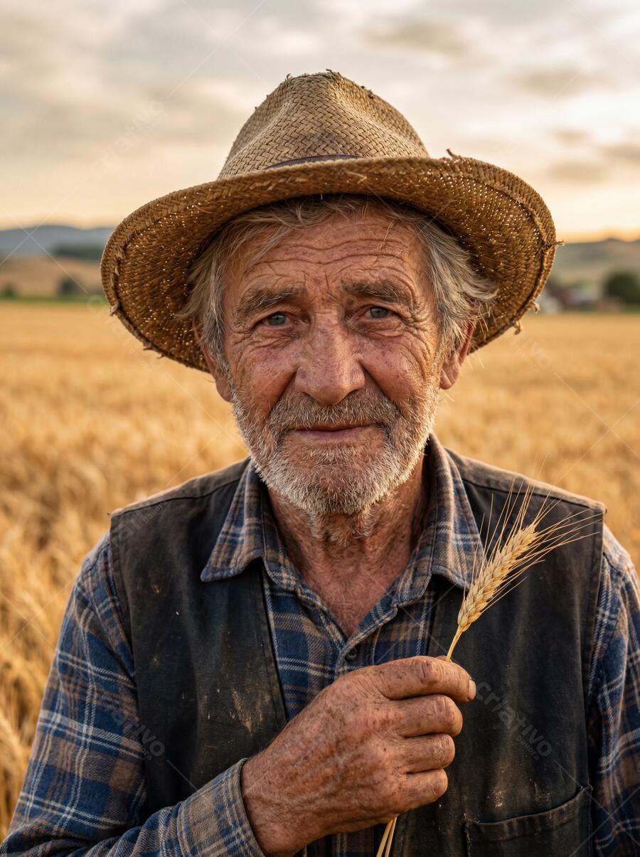 Foto Retrato Fazendeiro Idoso Sorrindo Campo de Trigo Chapéu Palha
