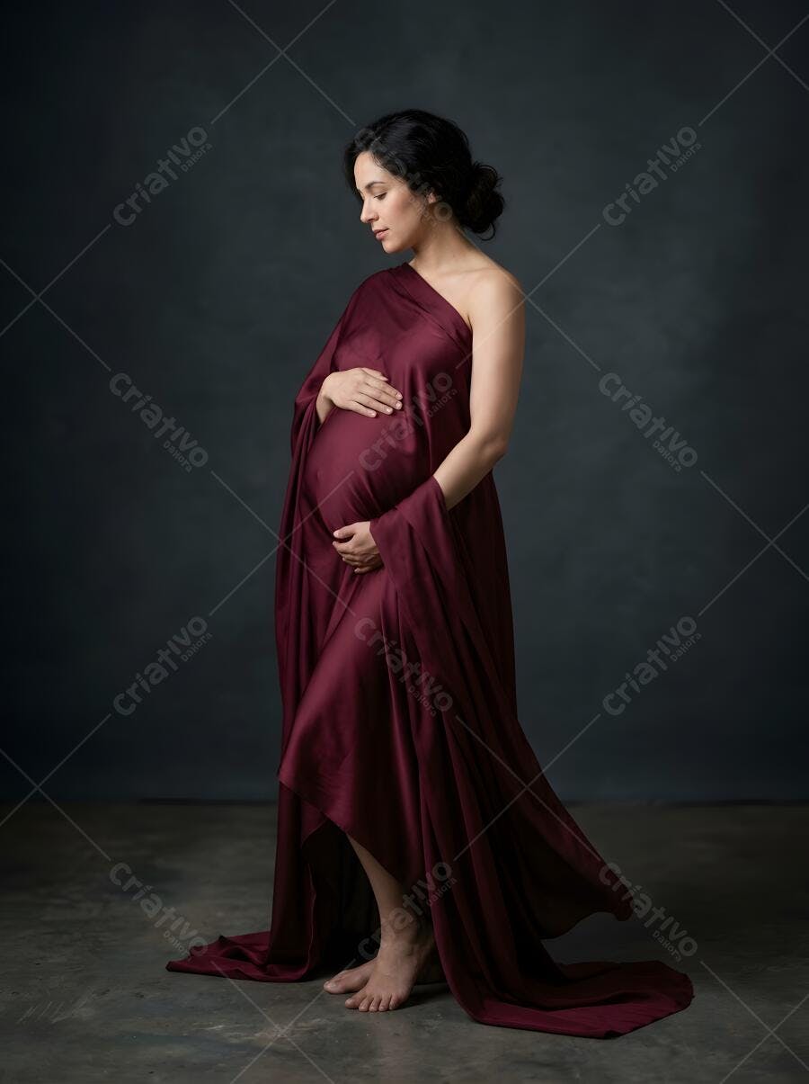 Foto Retrato Gestante Mulher Grávida Vestido Vinho Studio