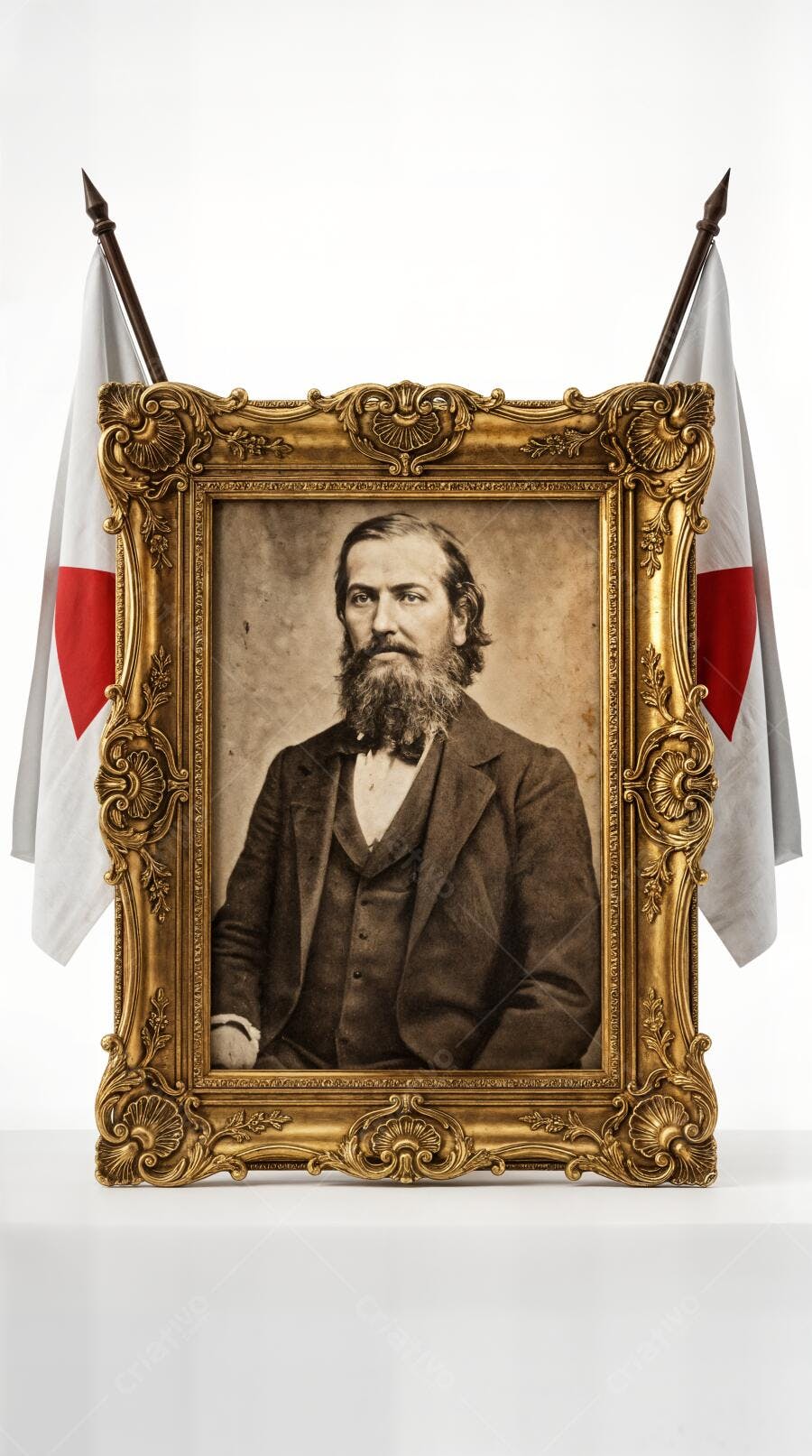 Foto Retrato Homem Barba Antigo Moldura Dourada Bandeiras