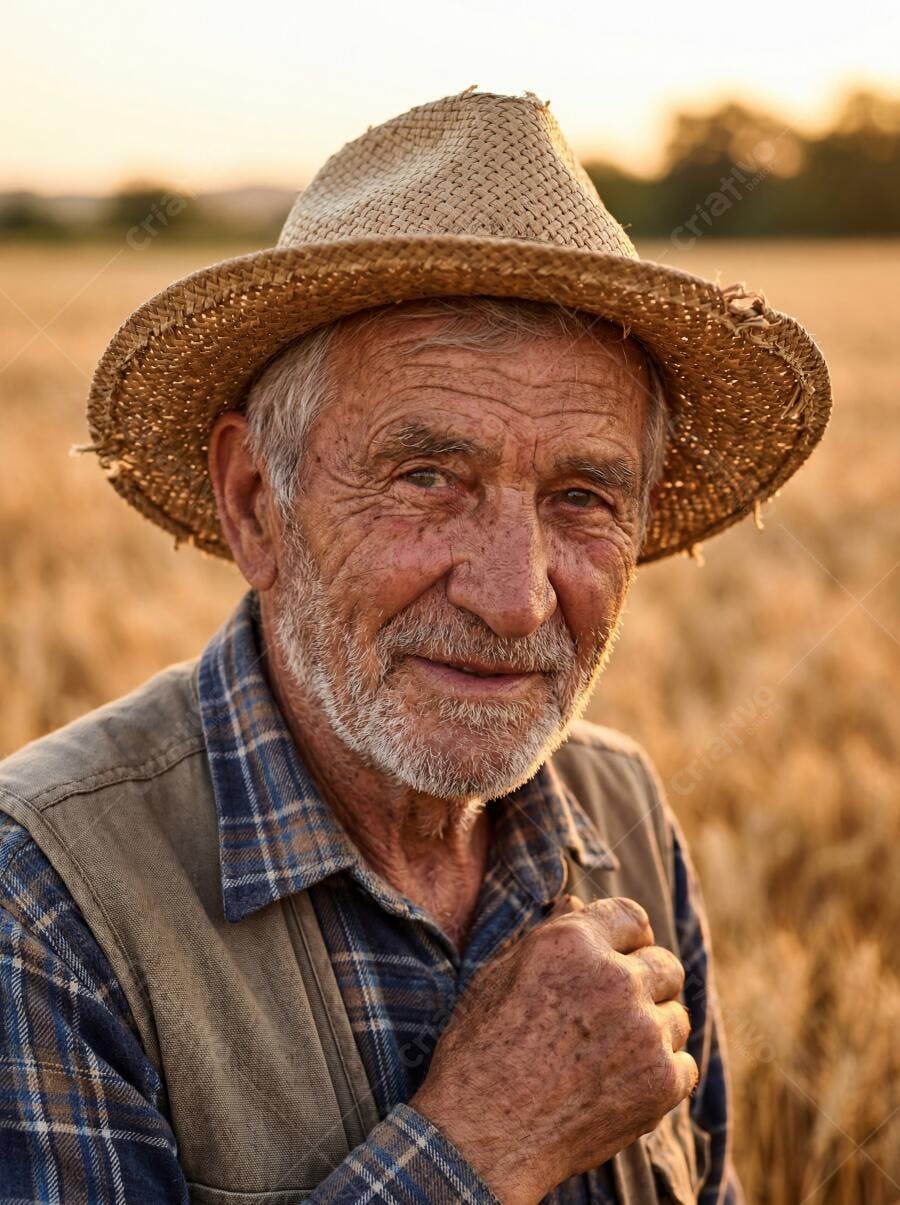 Foto Retrato Homem Idoso Fazendeiro Chapéu Palha Campo Trigo