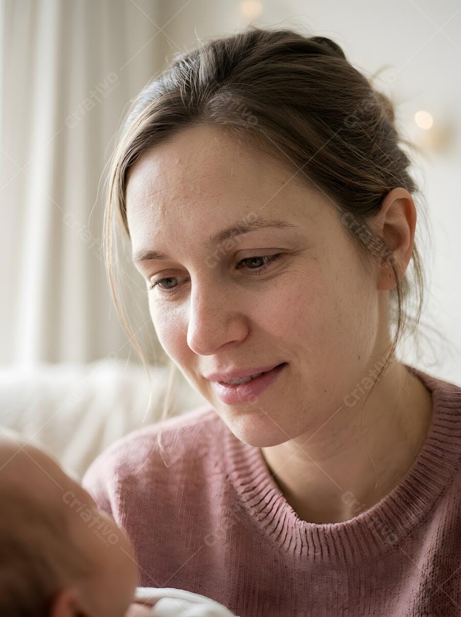 Foto Retrato Mãe Cuidando Bebê Recém-Nascido com Carinho