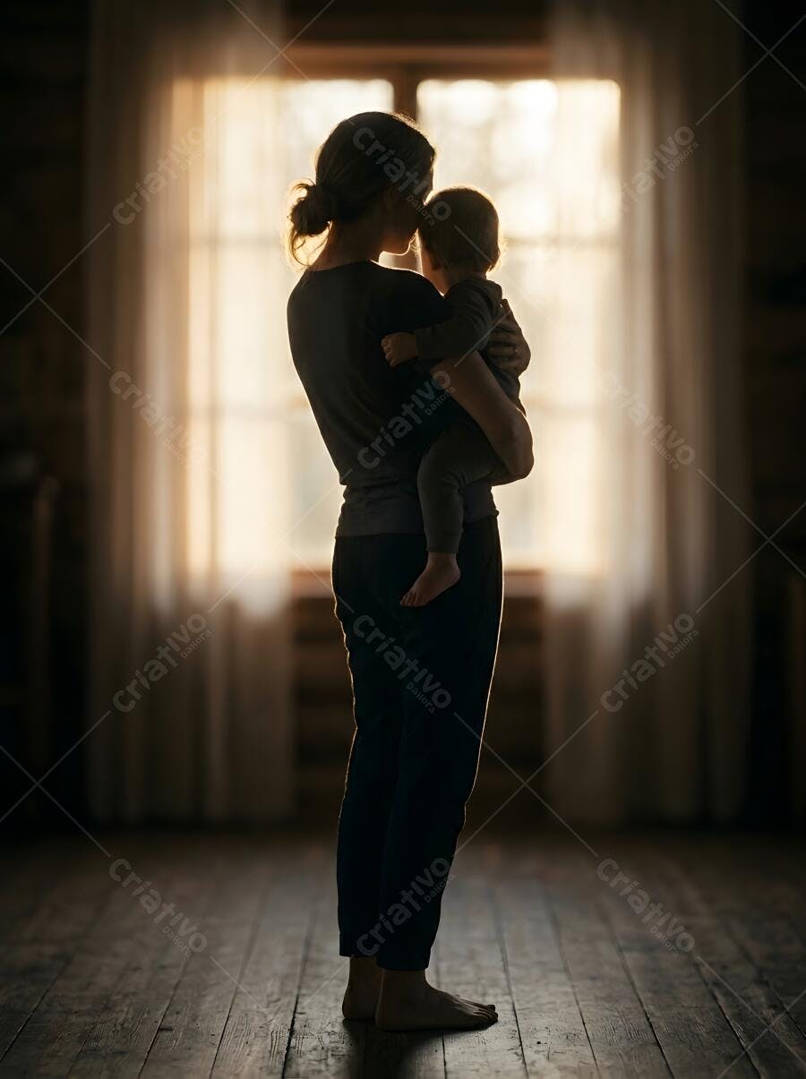 Foto Silhueta Mãe e Bebê Abraçados Janela Luz Natural