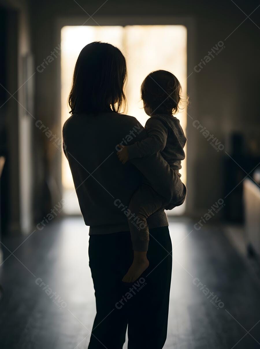 Foto Silhueta Mãe e Filho Abraçados em Casa Luz da Janela