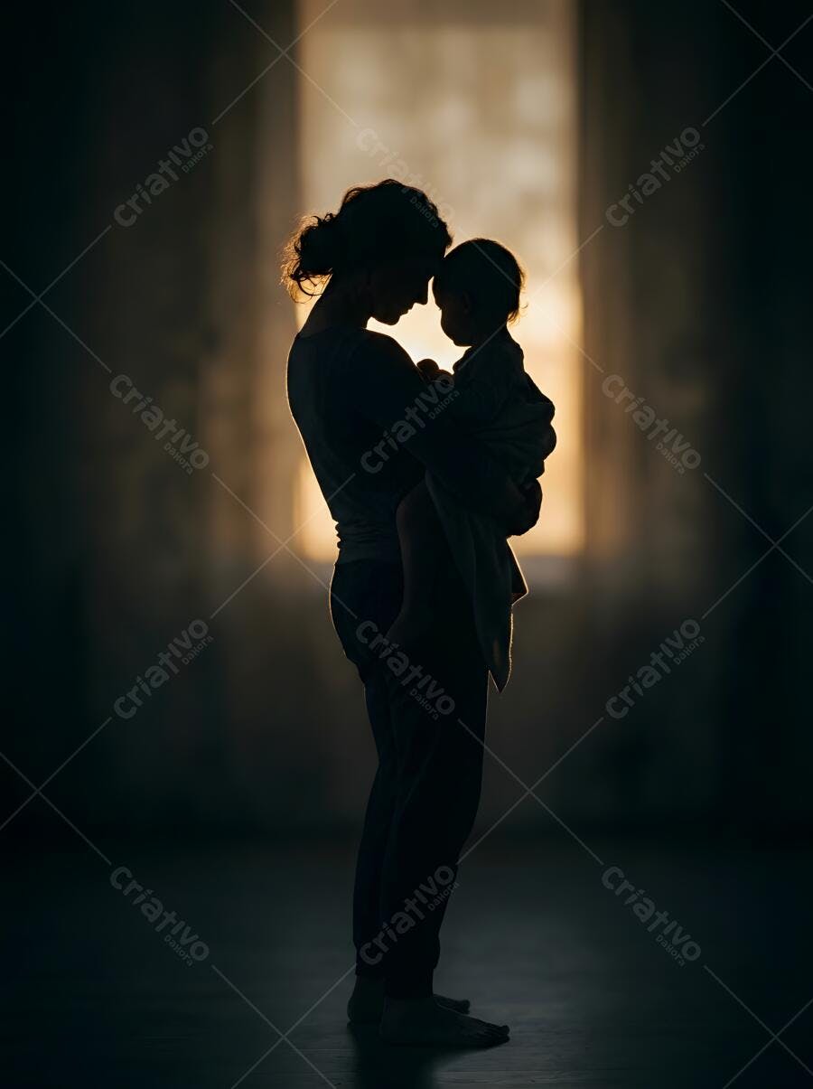 Foto Silhueta Mãe e Filho Abraçados Luz Contraluz