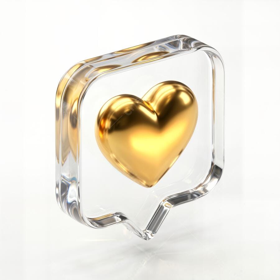 Ícone Coração Dourado 3D Balão de Fala Transparente