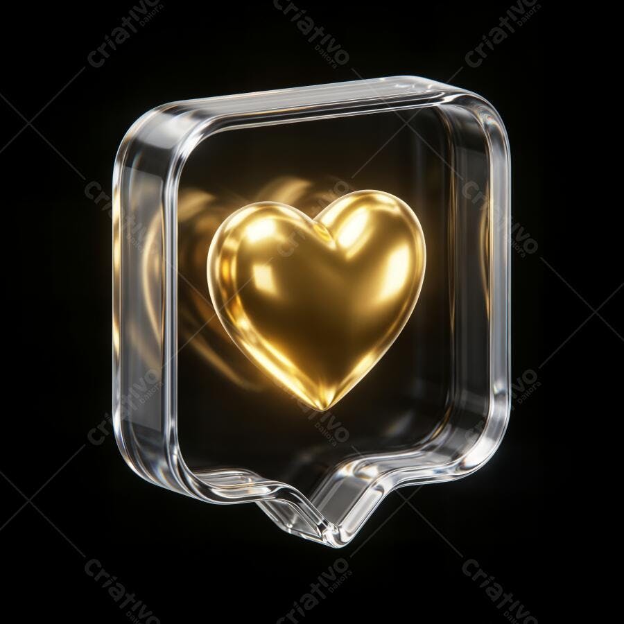 Ícone Coração Dourado 3D Balão Transparente Like Redes Sociais