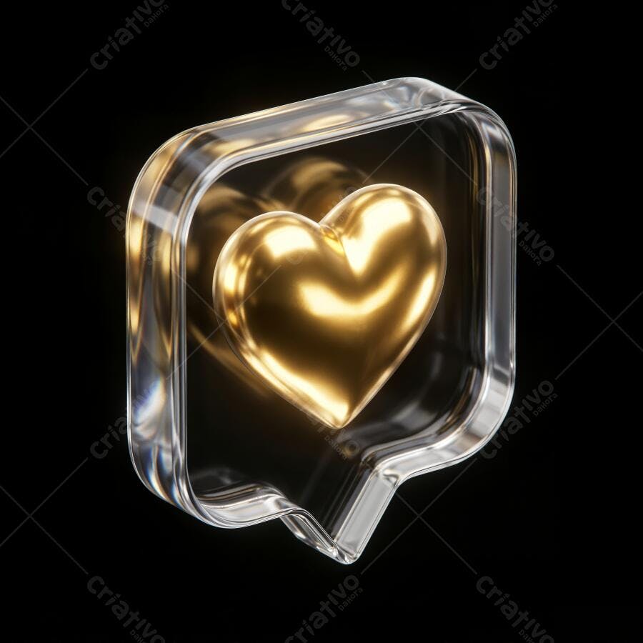 Ícone Coração Dourado 3D Transparente Notificação Curtida