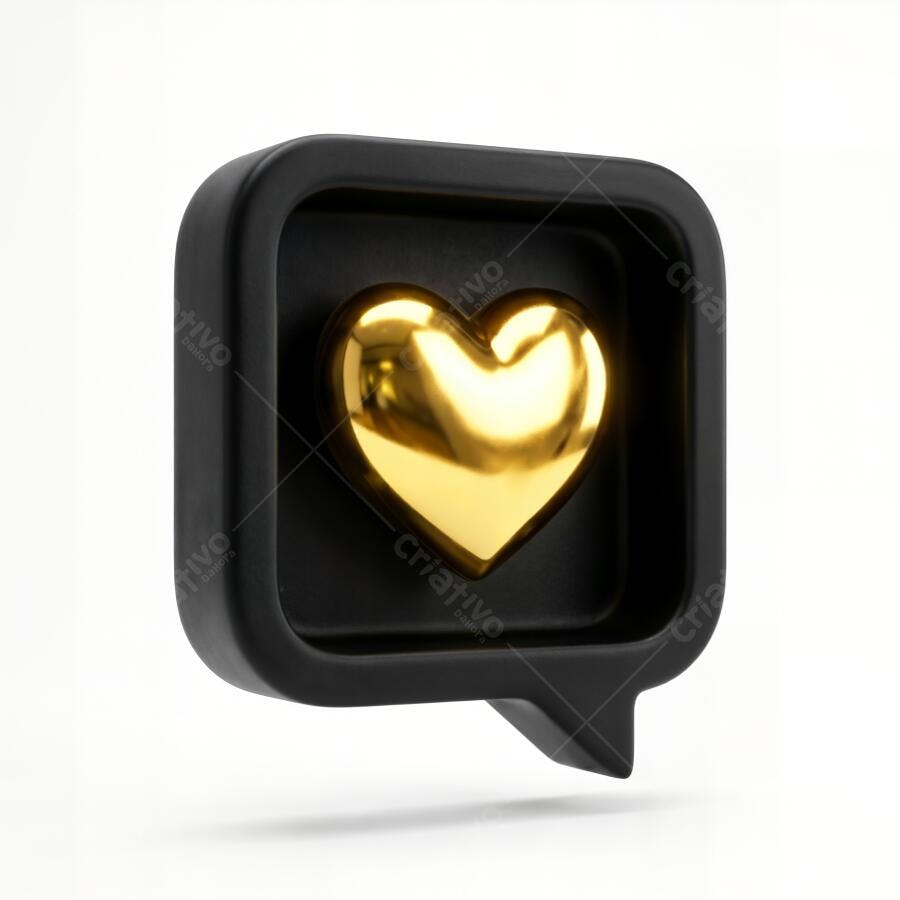 Ícone Coração Dourado Balão de Fala 3D Render