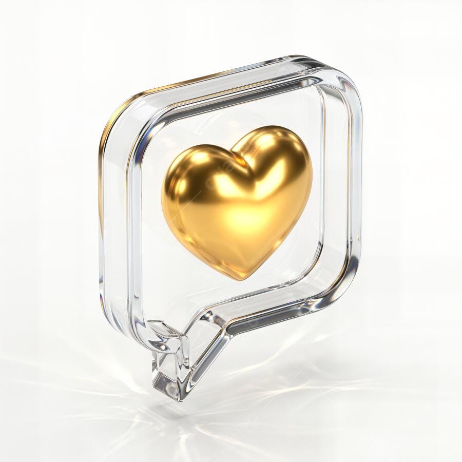 Ícone Coração Dourado Balão de Fala Transparente 3D