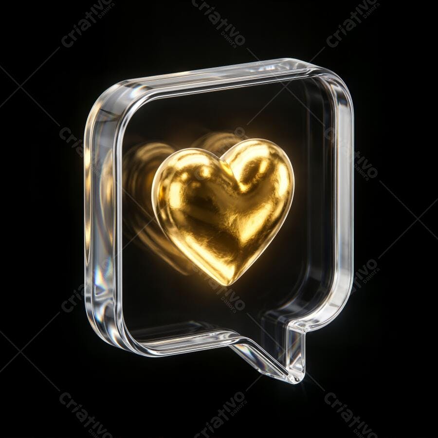 Ícone Coração Dourado Bolha de Fala 3D Transparente