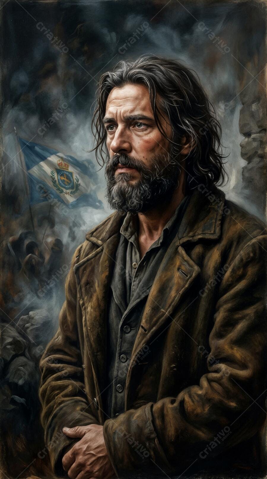 Pintura Homem Barba Longa Cabelo Escuro Casaco Marrom Histórico