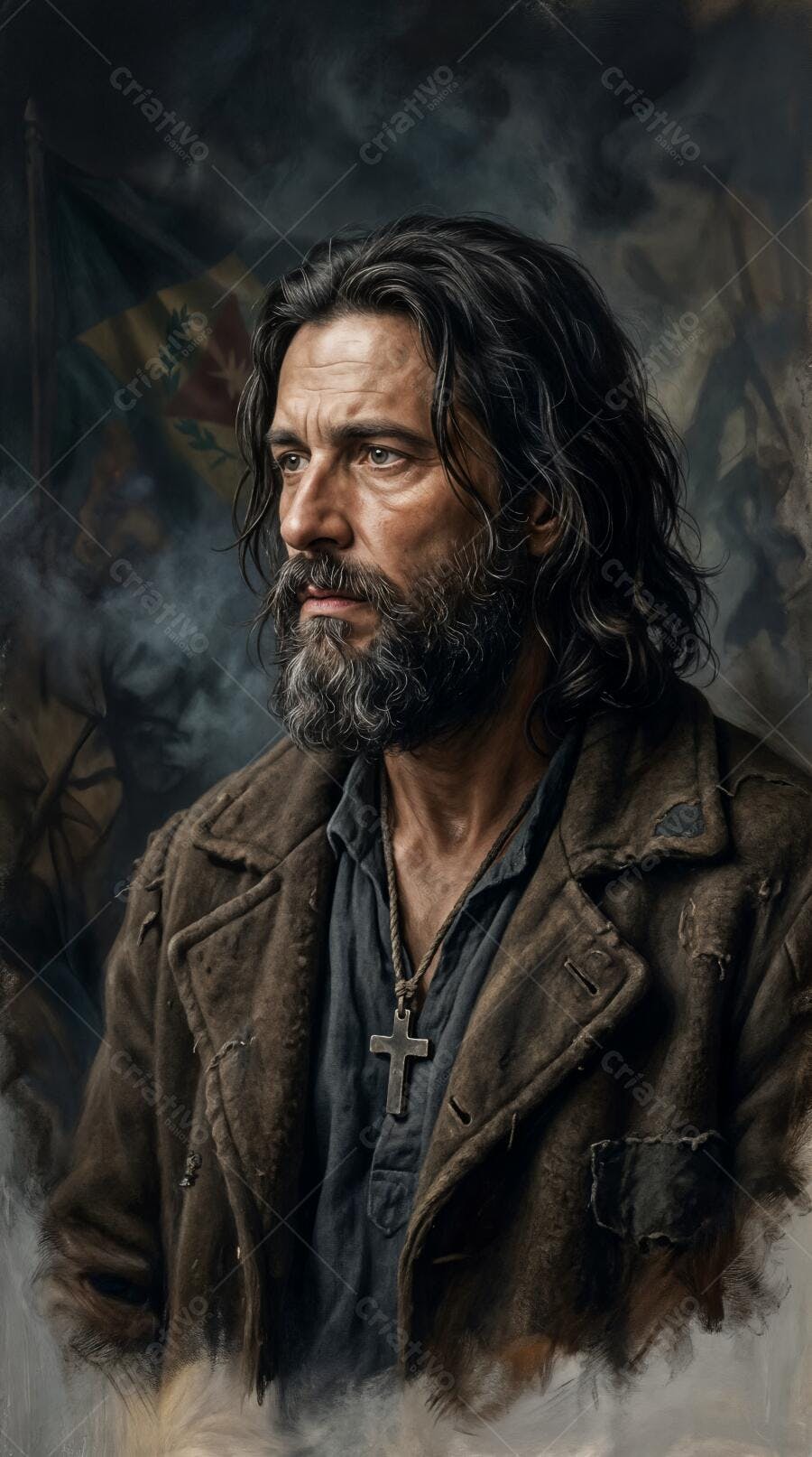 Pintura Homem Barba Longa Cabelo Olhar Pensativo Cruz