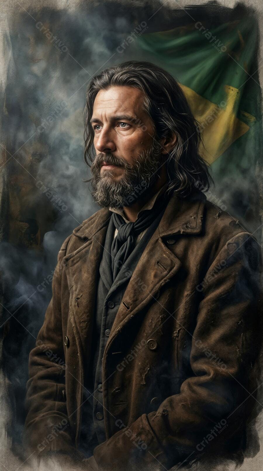 Pintura Homem Barba Longa Olhar Sério Bandeira Brasil Fundo Escuro