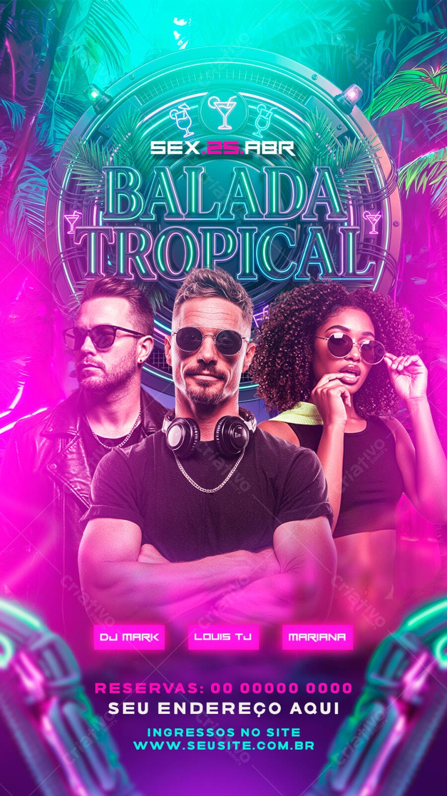 Flyer Balada Tropical Festa Neon PSD Editável