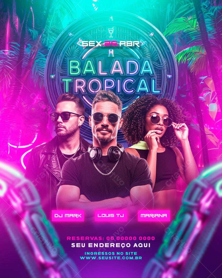 Flyer Balada Tropical Festa Neon PSD Editável