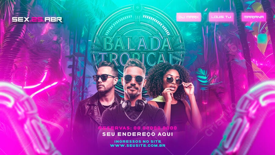 Flyer Balada Tropical Festa Neon PSD Editável