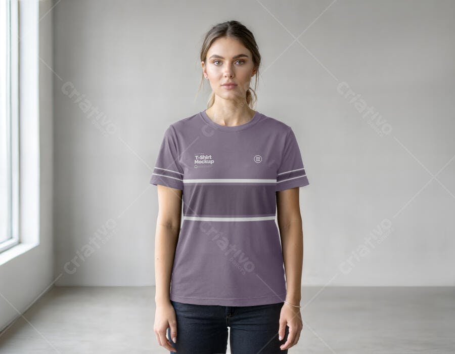 Mockup Camiseta Feminina Roxo Fundo Cinza Editável