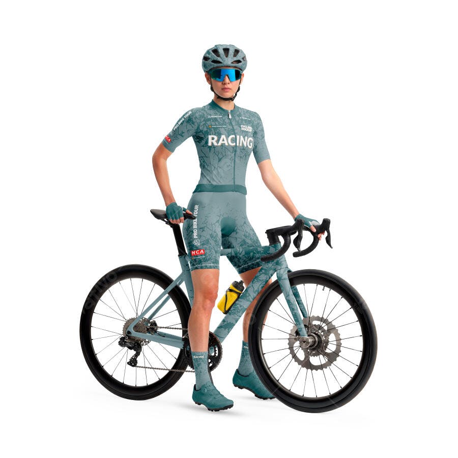 Mockup Ciclista Feminina Uniforme Bicicleta Esportiva Editável
