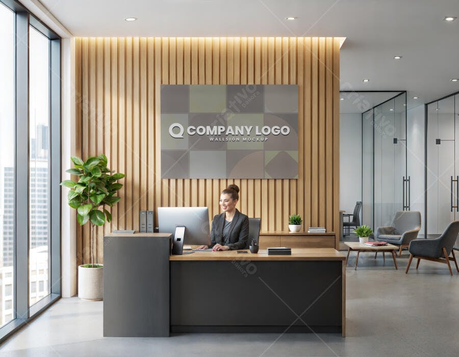 Mockup Logo Recepção Escritório Moderno Parede Madeira Editável
