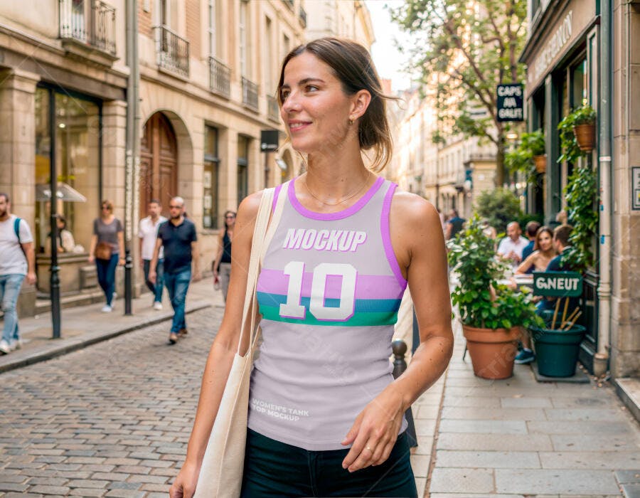 Mockup Regata Feminina Tecido Realista Rua Urbana Editável