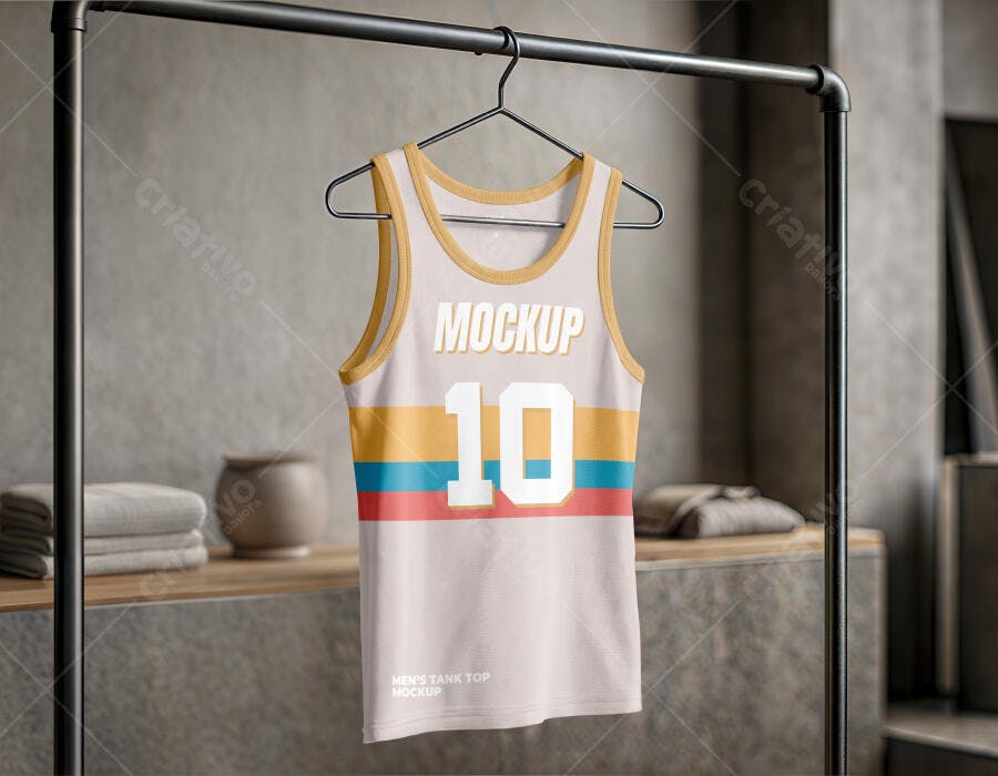 Mockup Regata Masculina Esportiva Cabide Fundo Concreto Editável