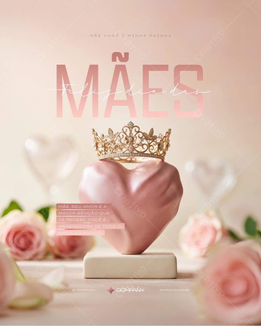 Post Instagram Dia das Mães Coroa Coração Rosas PSD Editável