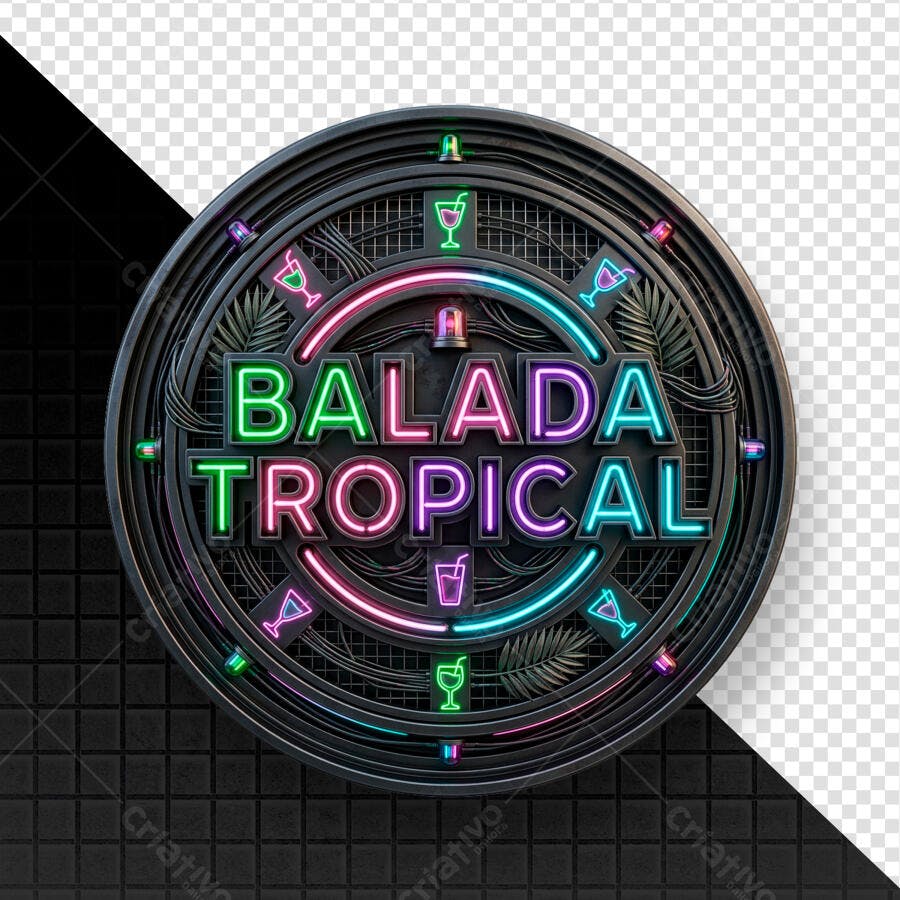 Selo 3D Balada Tropical Neon Preto PNG Fundo Transparente