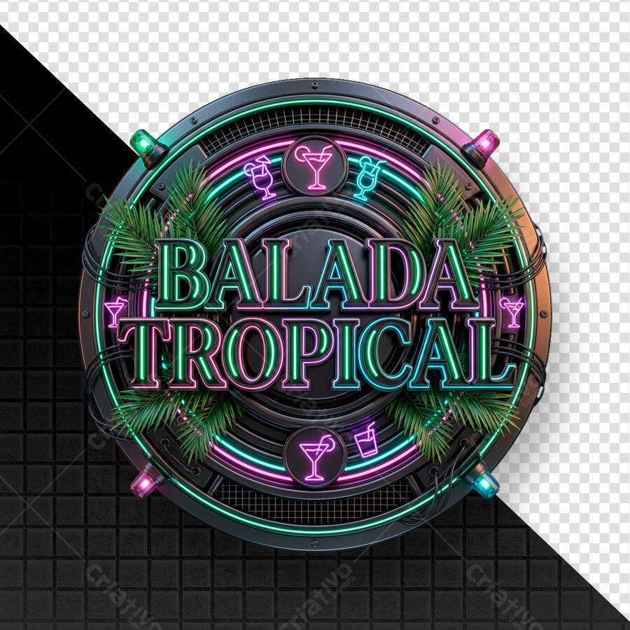 Selo 3D Balada Tropical Neon Verão PNG Fundo Transparente