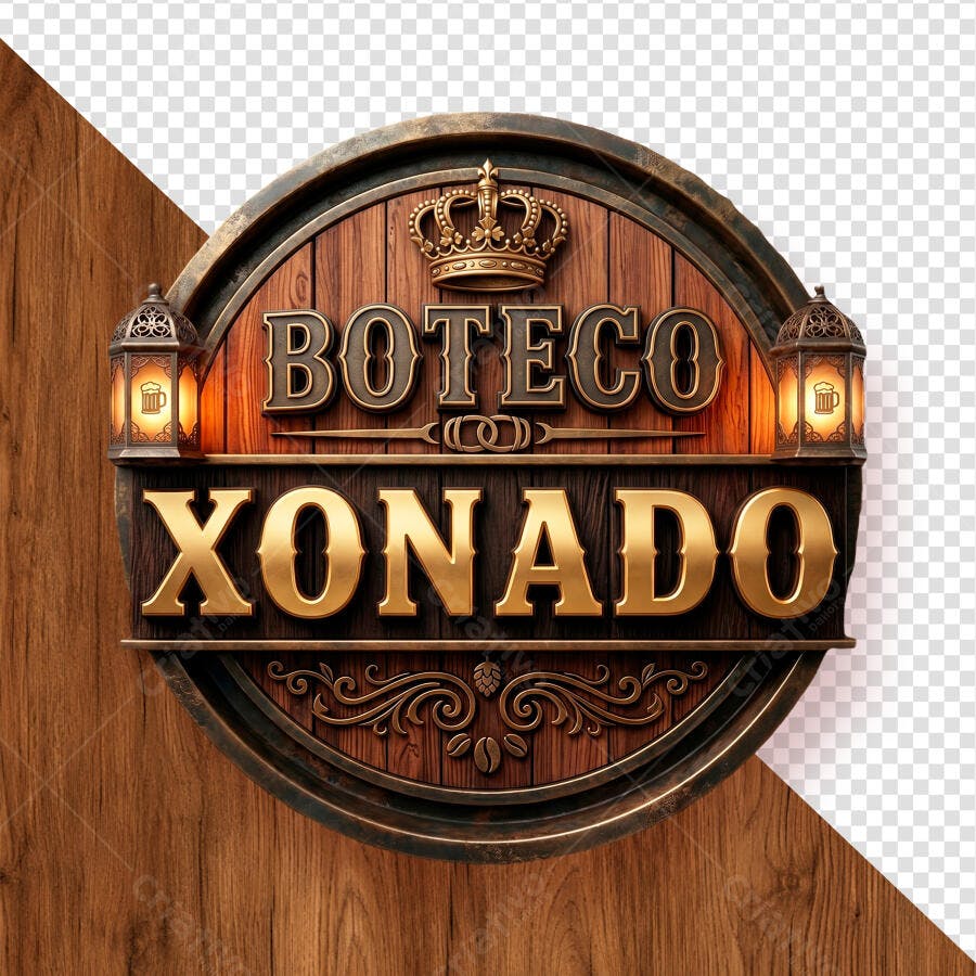 Selo 3D Boteco Xonado Vintage Madeira Dourado PNG Transparente