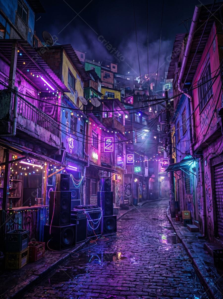 Textura Rua de Paralelepípedos Molhada Neon Noturna