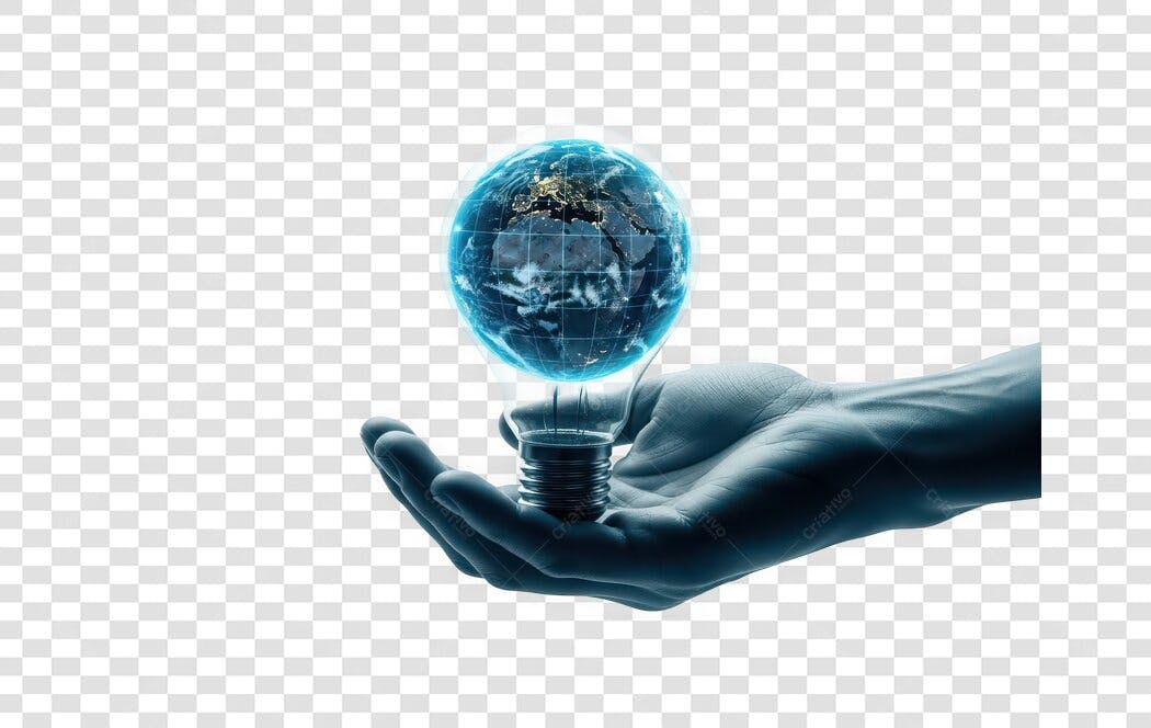 Elemento 3D Mão Segurando Lâmpada Terra PNG Fundo Transparente