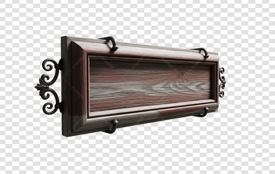 Elemento 3D Placa Madeira Rústica Ferro Forjado PNG Fundo Transparente