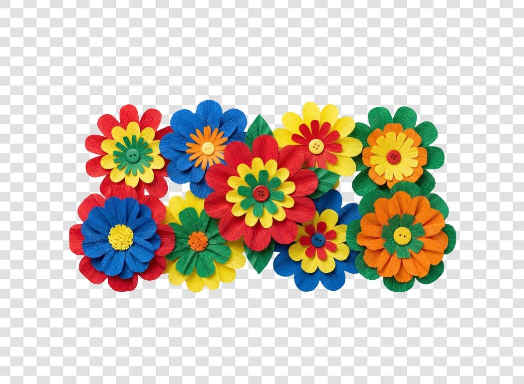 Elemento Decorativo Flores Coloridas Feltro PNG Fundo Transparente