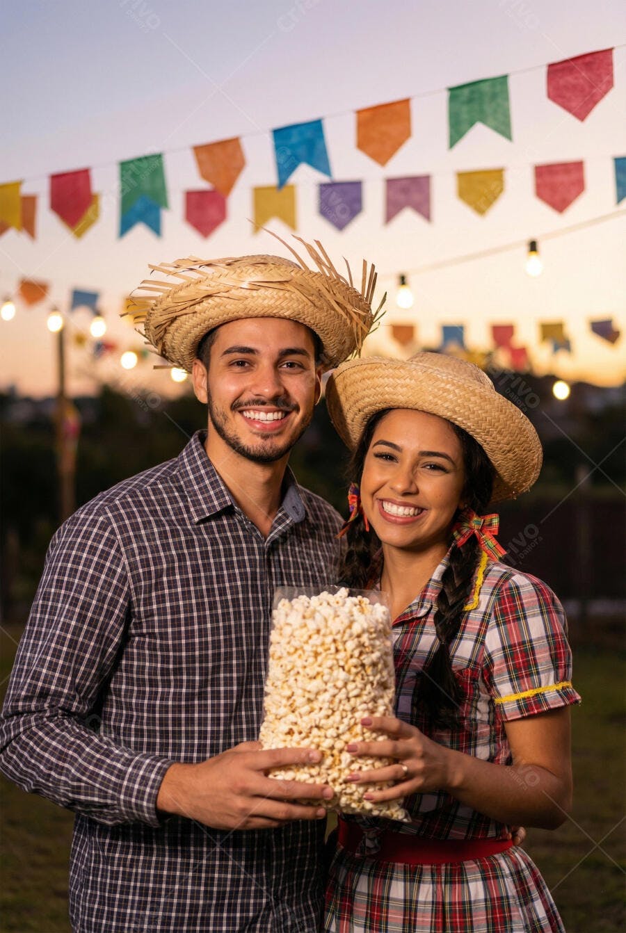 Foto Casal Sorrindo Festa Junina Chapéu Palha Pipoca