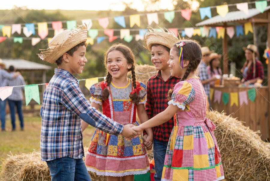Foto Crianças Festa Junina Dançando Quadrilha Arraial