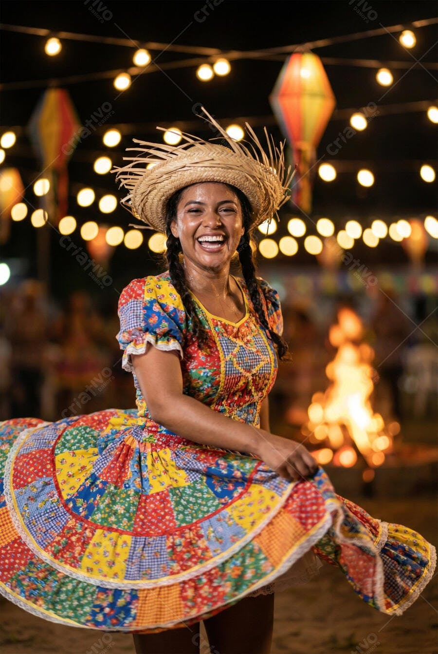 Foto Mulher Negra Sorrindo Vestido Caipira Festa Junina Fogueira