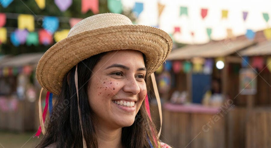 Foto Mulher Sorrindo Chapéu Palha Festa Junina Arraial