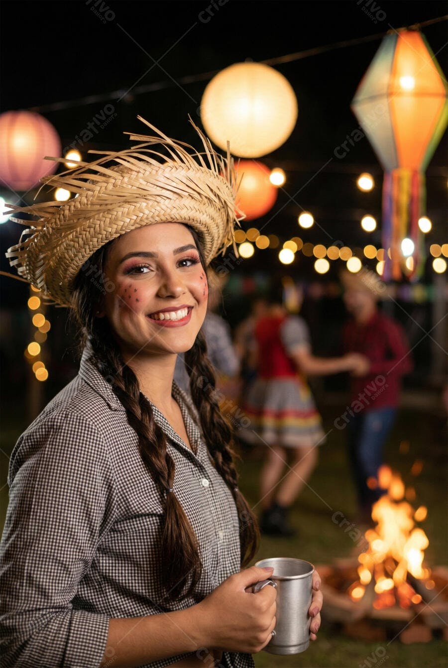Foto Mulher Sorrindo Festa Junina Chapéu Palha Fogueira