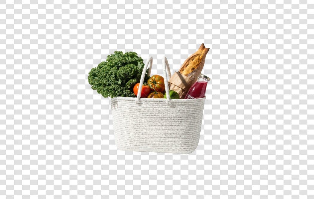 Foto Recortada Cesta de Compras com Alimentos PNG Fundo Transparente
