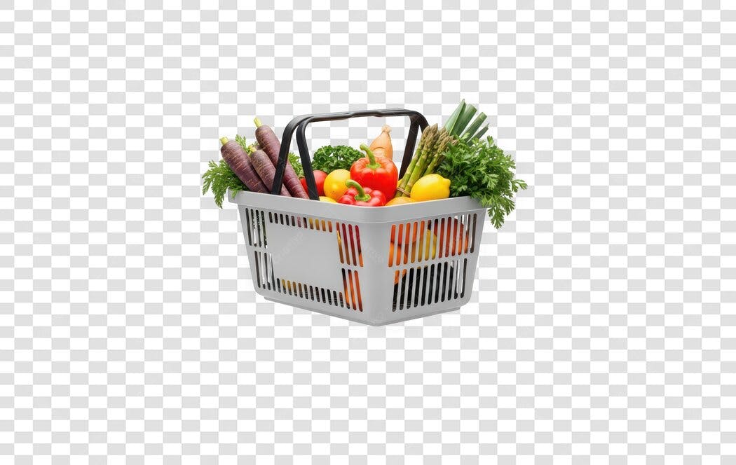 Foto Recortada Cesta de Compras com Frutas e Vegetais PNG Fundo Transparente