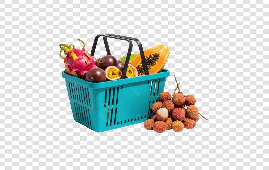 Foto Recortada Cesta de Compras Frutas Tropicais PNG Fundo Transparente