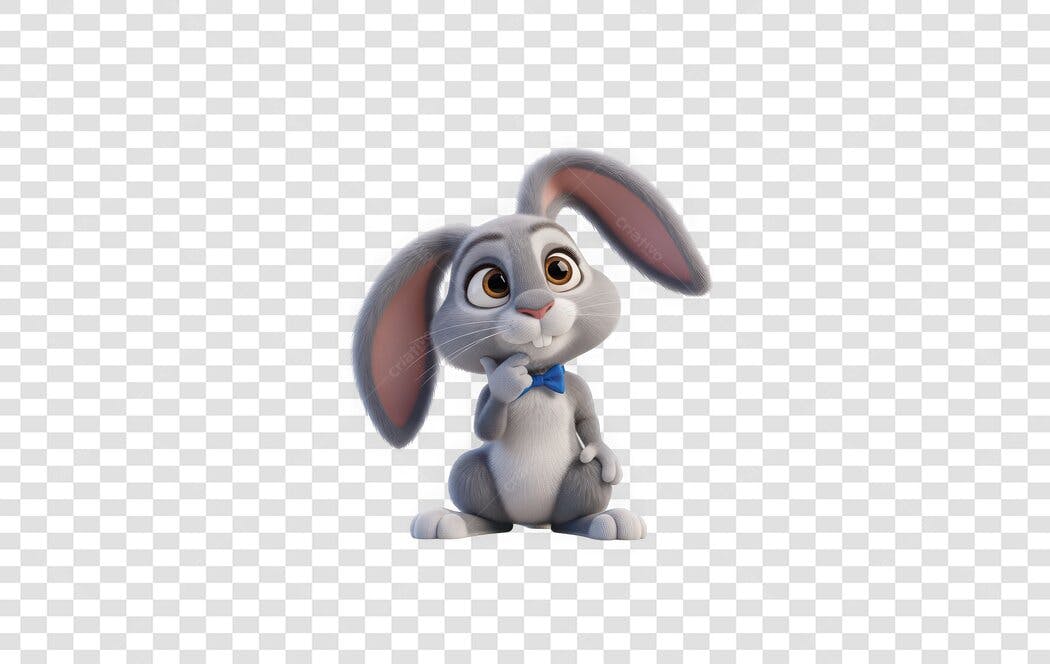 Personagem Ilustrado Coelhinho Cinza Laço Azul PNG Fundo Transparente