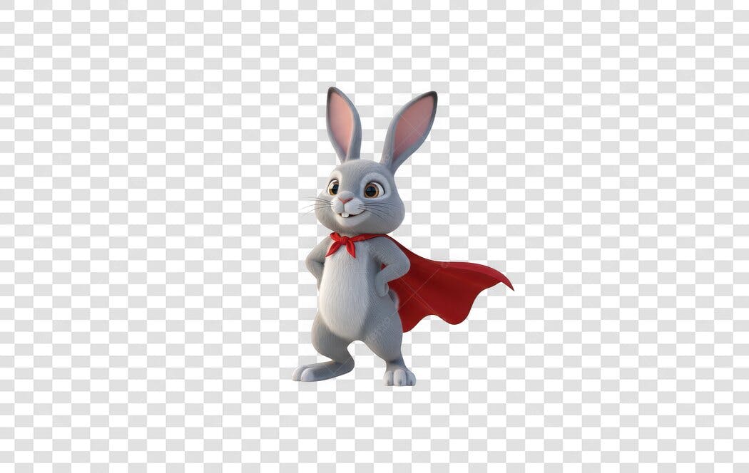 Personagem Ilustrado Coelhinho Super-Herói Capa Vermelha PNG Fundo Transparente