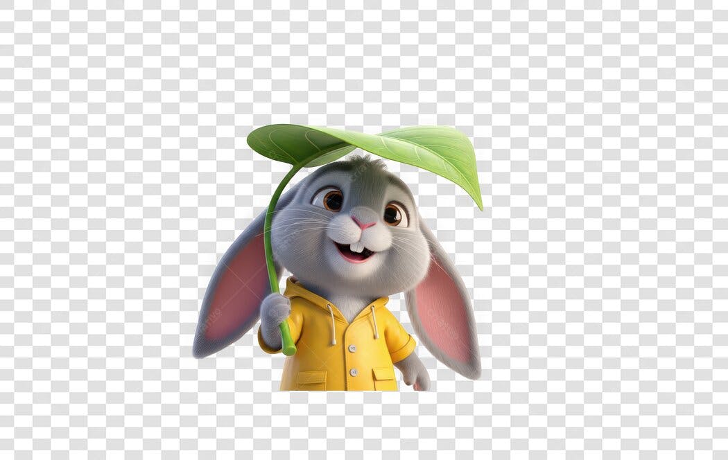 Personagem Ilustrado Coelho Capa Chuva Folha PNG Fundo Transparente