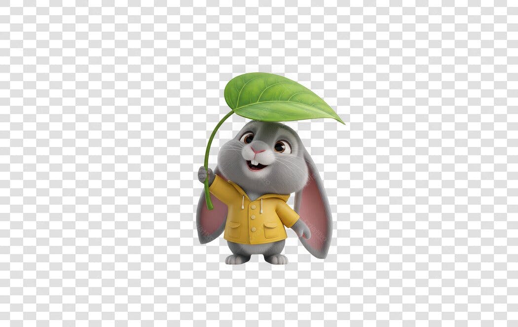 Personagem Ilustrado Coelho Capa Chuva Folha PNG Fundo Transparente