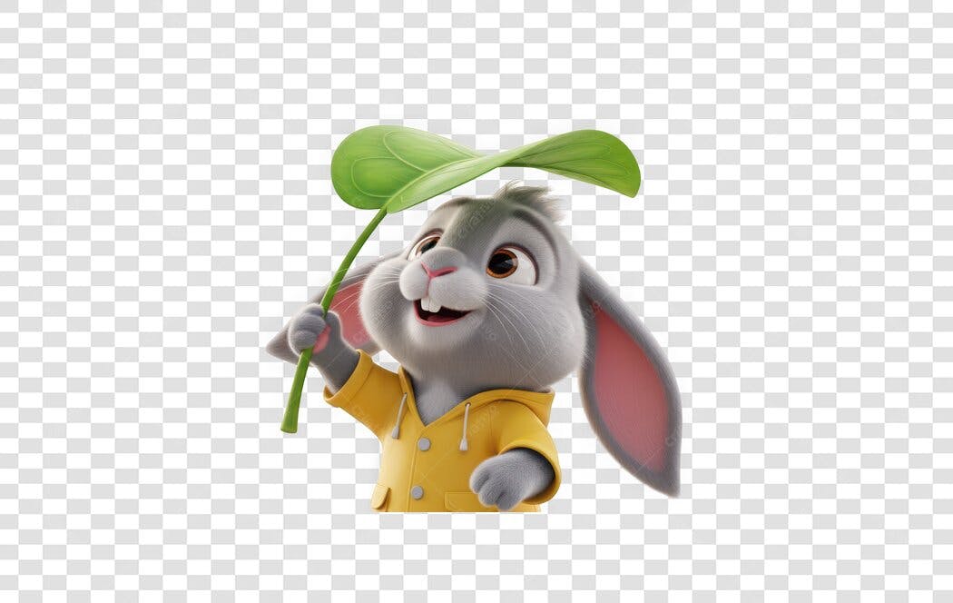 Personagem Ilustrado Coelho Fofo Folha Verde PNG Fundo Transparente