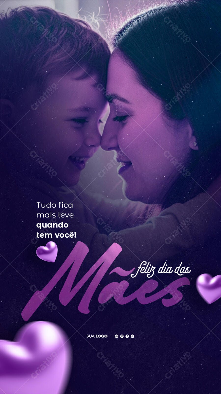 Story Dia das Mães Corações Roxos PSD Editável
