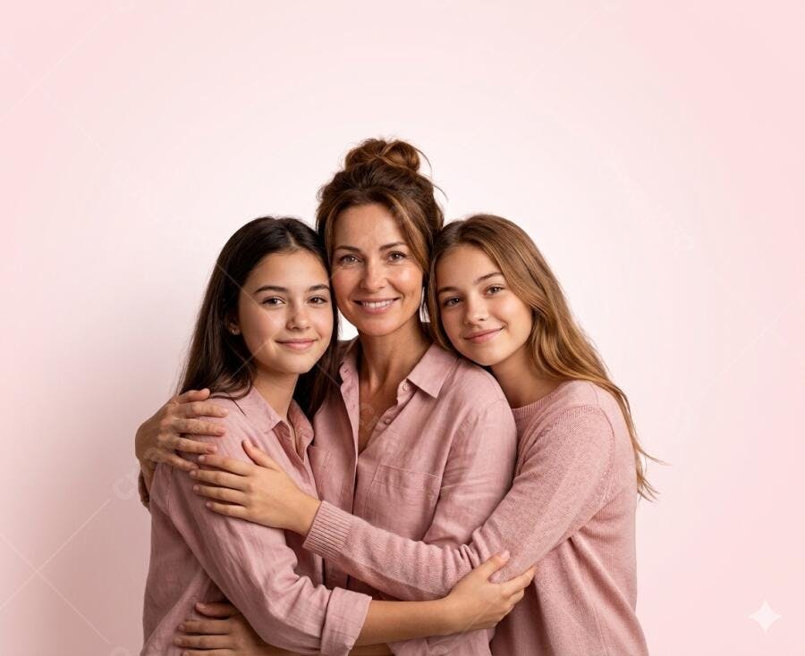 Foto Família Mãe Filhas Abraçadas Fundo Rosa Claro