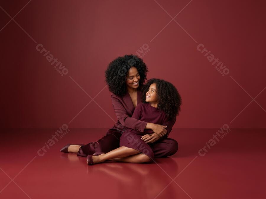 Foto Mãe e Filha Negra Abraçadas Sorrindo Fundo Vermelho Studio