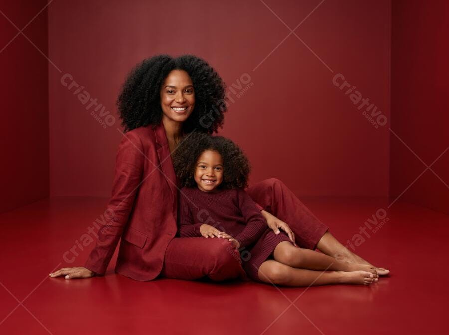 Foto Mãe e Filha Negra Sorrindo Fundo Vermelho Studio